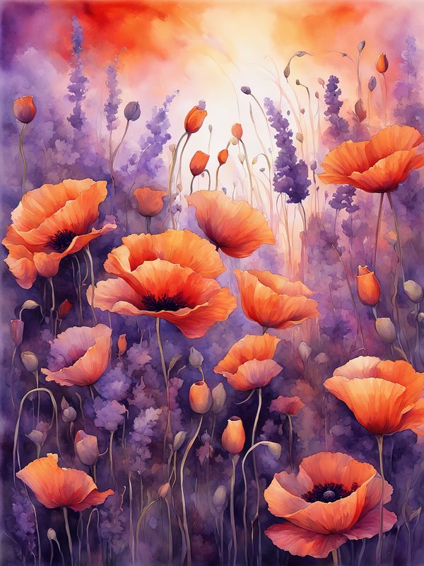 Watercolor Poppy Flower Digital Paper, Orange and Purple (10 JPGs) Instant Download, Commercial use — image 6
