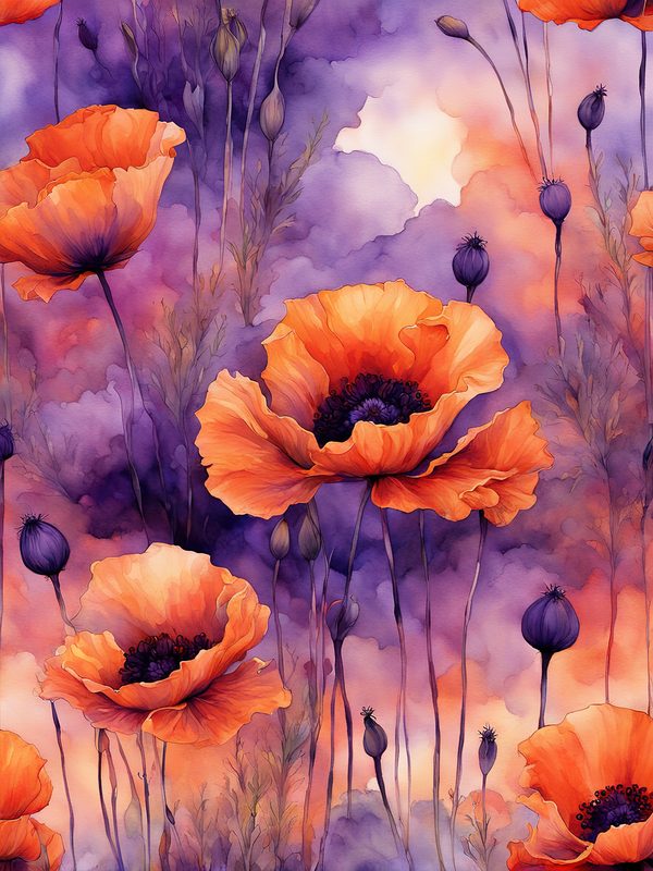 Watercolor Poppy Flower Digital Paper, Orange and Purple (10 JPGs) Instant Download, Commercial use — image 7