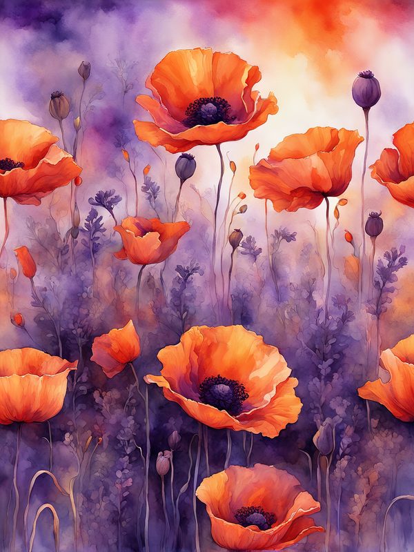 Watercolor Poppy Flower Digital Paper, Orange and Purple (10 JPGs) Instant Download, Commercial use — image 9