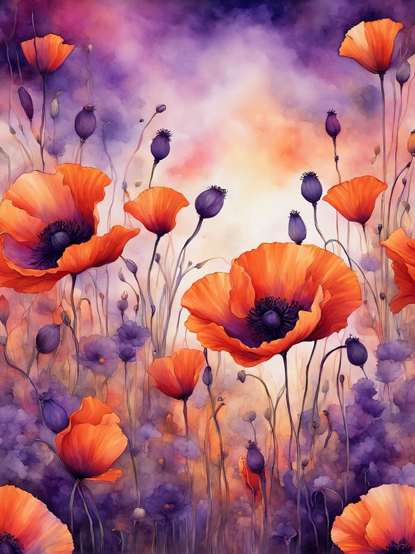 Watercolor Poppy Flower Digital Paper, Orange and Purple (10 JPGs) Instant Download, Commercial use — image 11