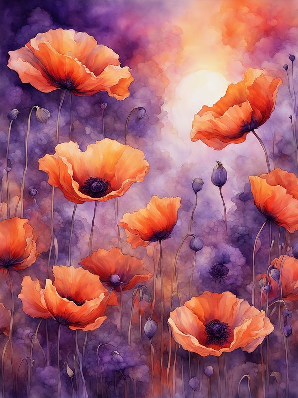 Watercolor Poppy Flower Digital Paper, Orange and Purple (10 JPGs) Instant Download, Commercial use — image 12