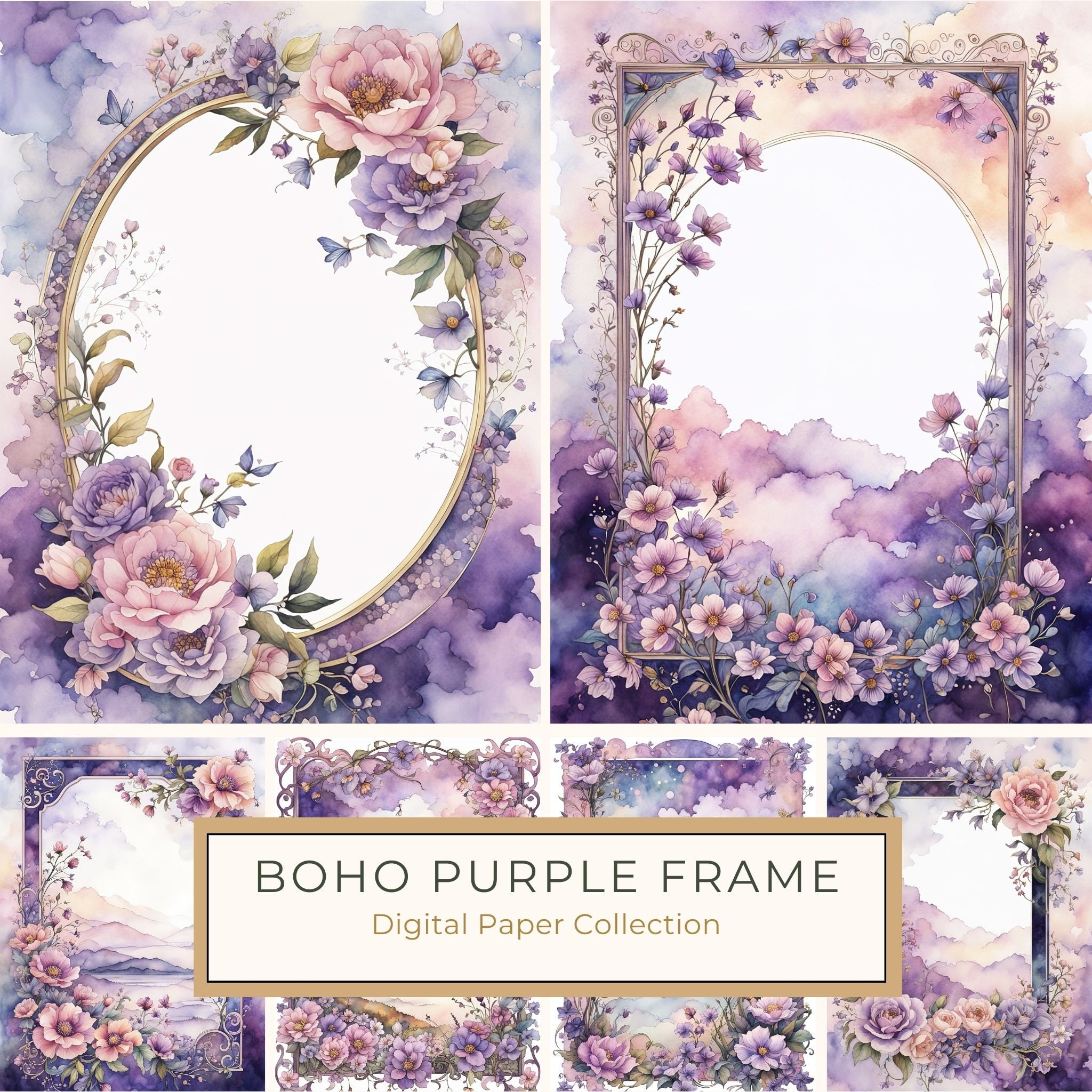 Watercolor Floral Frame Digital Paper: Boho Purple Wedding Stationery (JPGs)