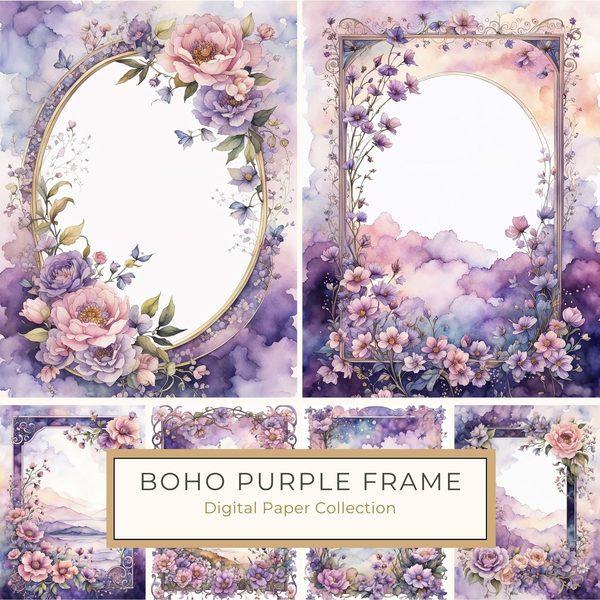 Watercolor Floral Frame Digital Paper: Boho Purple Wedding Stationery (JPGs)