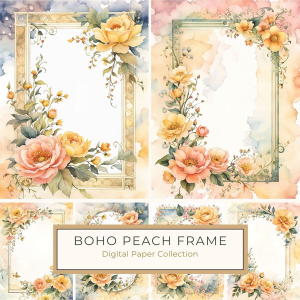 Boho Floral Frame Digital Paper Pack: Peach & Yellow Watercolor (10 JPGs)