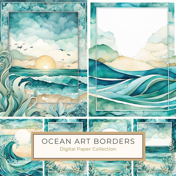 Watercolor Seafoam Green Coastal Borders: Beach Frame Art (10 JPGs) (Digital Download)