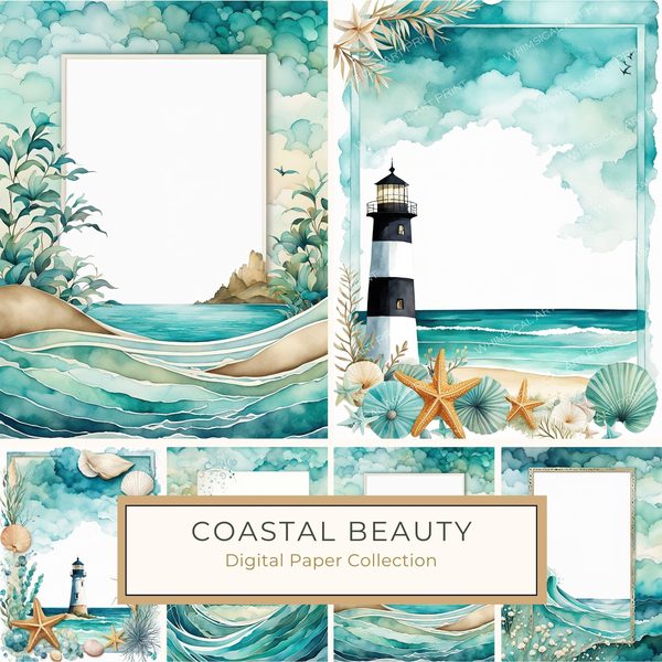 Turquoise Coastal Digital Papers: Watercolor Beach Prints (10 JPGs)