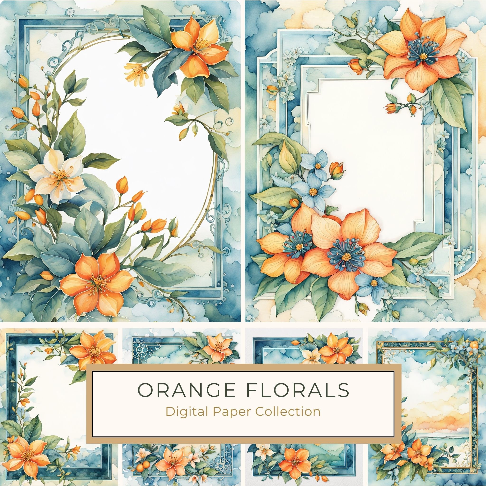 Watercolor Floral Frames: Orange and Teal Boho Digital Paper Pack (10 JPGs)
