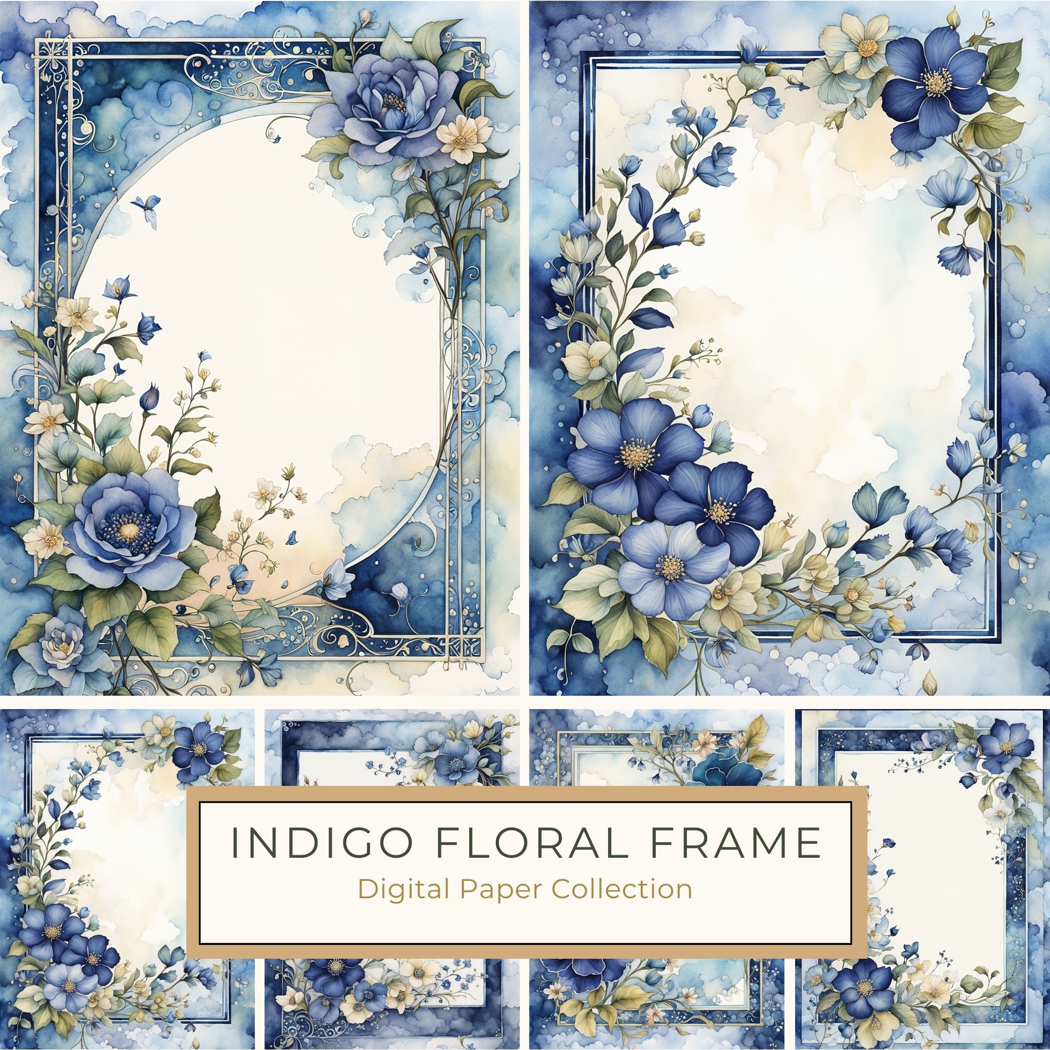 Watercolor Indigo Floral Frame: Botanical Digital Paper Pack (10 JPGs)