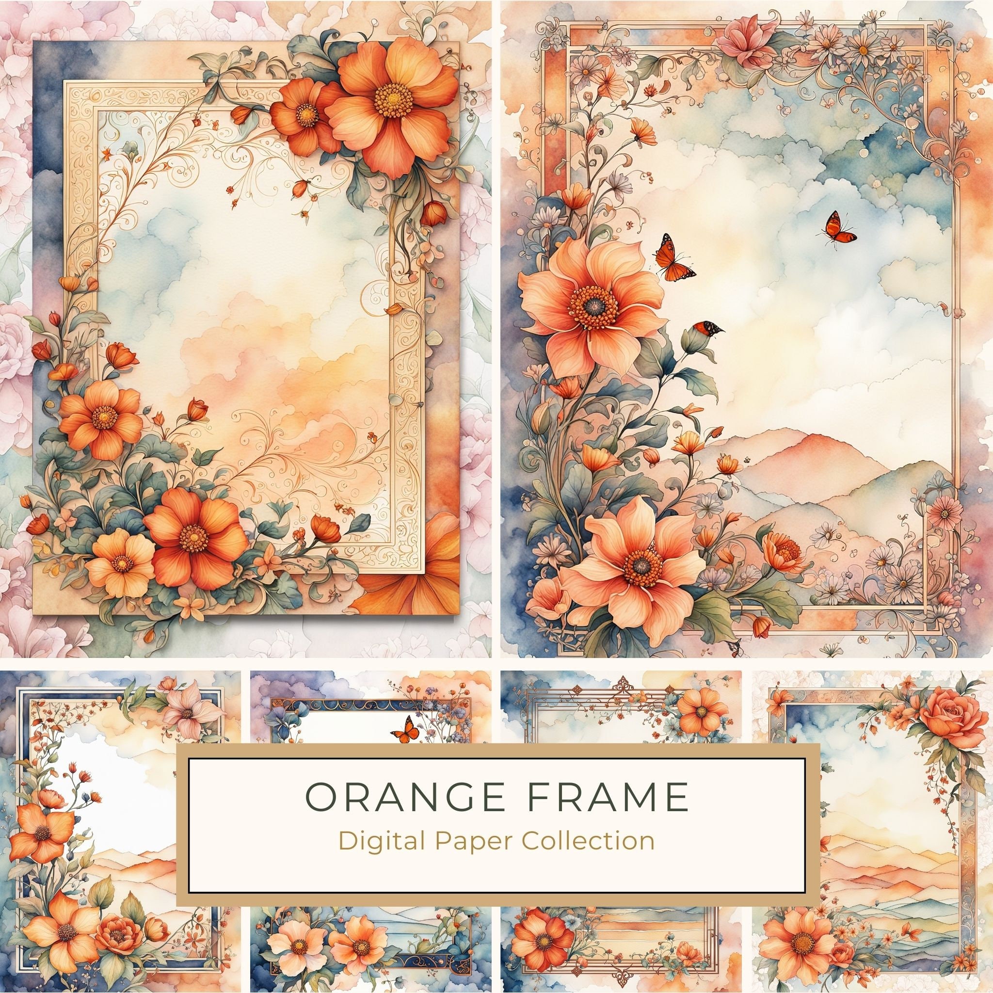 Boho Watercolor Floral Frame: Orange Flower Digital Paper (10 JPGs)