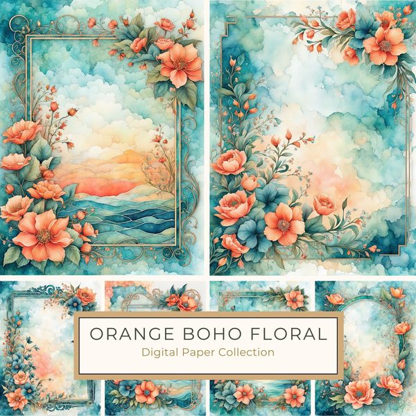 Orange Floral Teal Digital Paper: Botanical Backgrounds (10 JPGs)