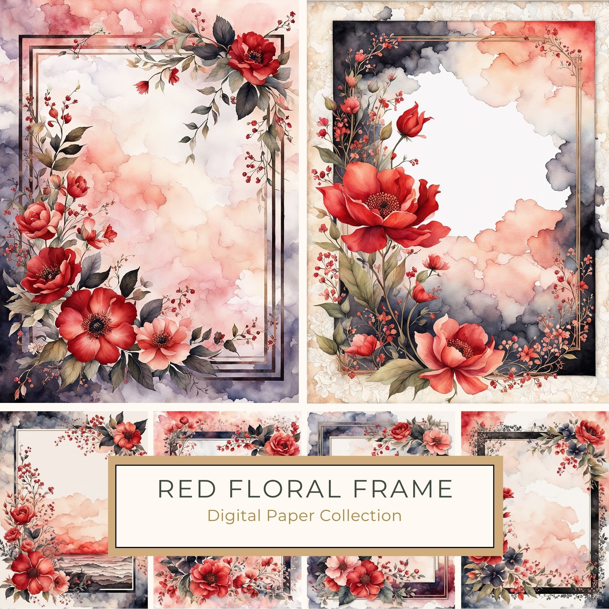 Red Floral Watercolor Frame: Black Accent Digital Paper Set (10 JPGs)