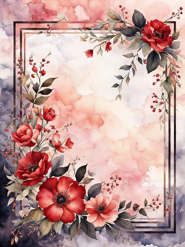 Red Floral Watercolor Frame: Black Accent Digital Paper Set (10 JPGs) — image 1