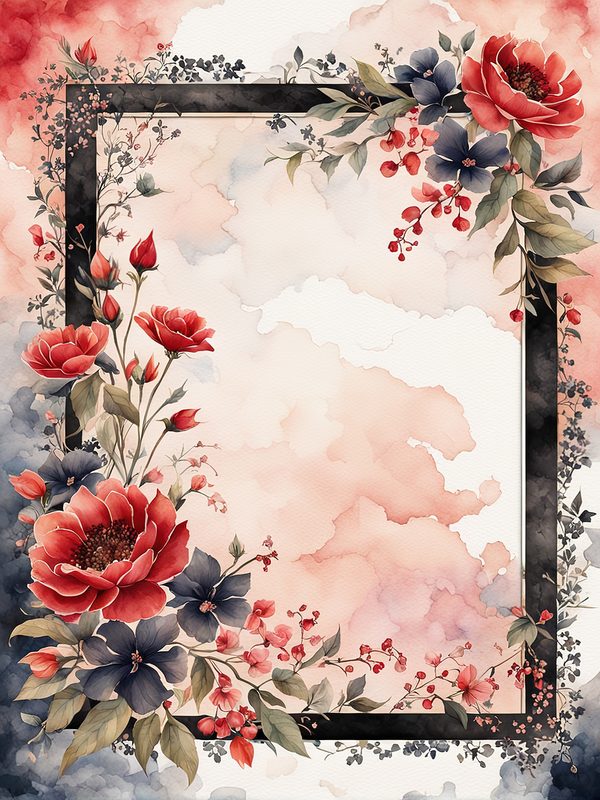Red Floral Watercolor Frame: Black Accent Digital Paper Set (10 JPGs) — image 3