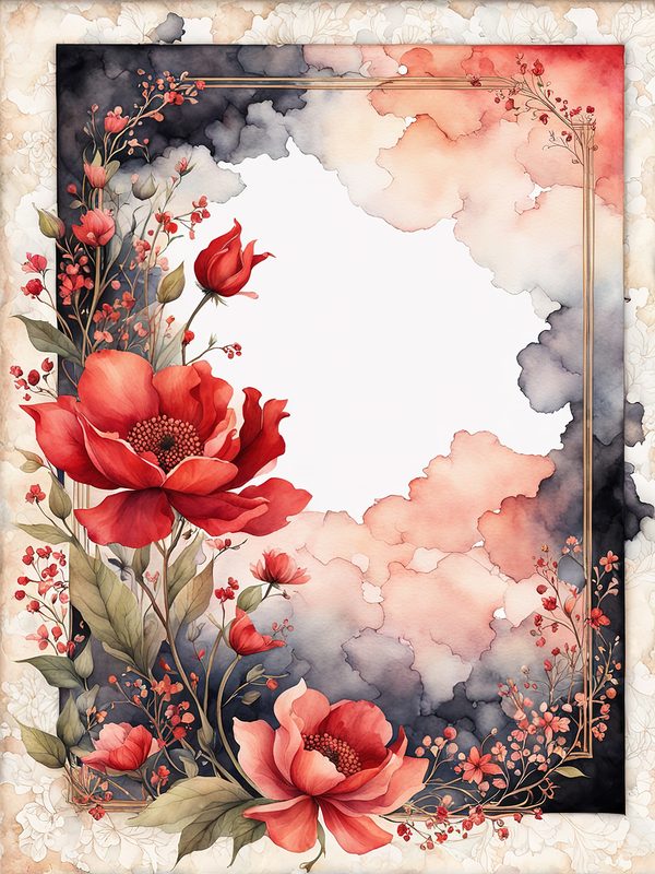 Red Floral Watercolor Frame: Black Accent Digital Paper Set (10 JPGs) — image 4