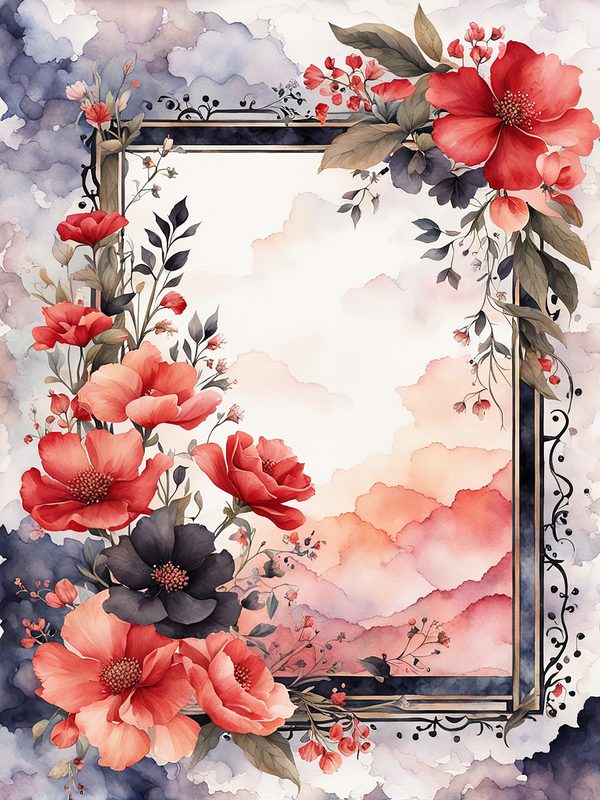 Red Floral Watercolor Frame: Black Accent Digital Paper Set (10 JPGs) — image 8