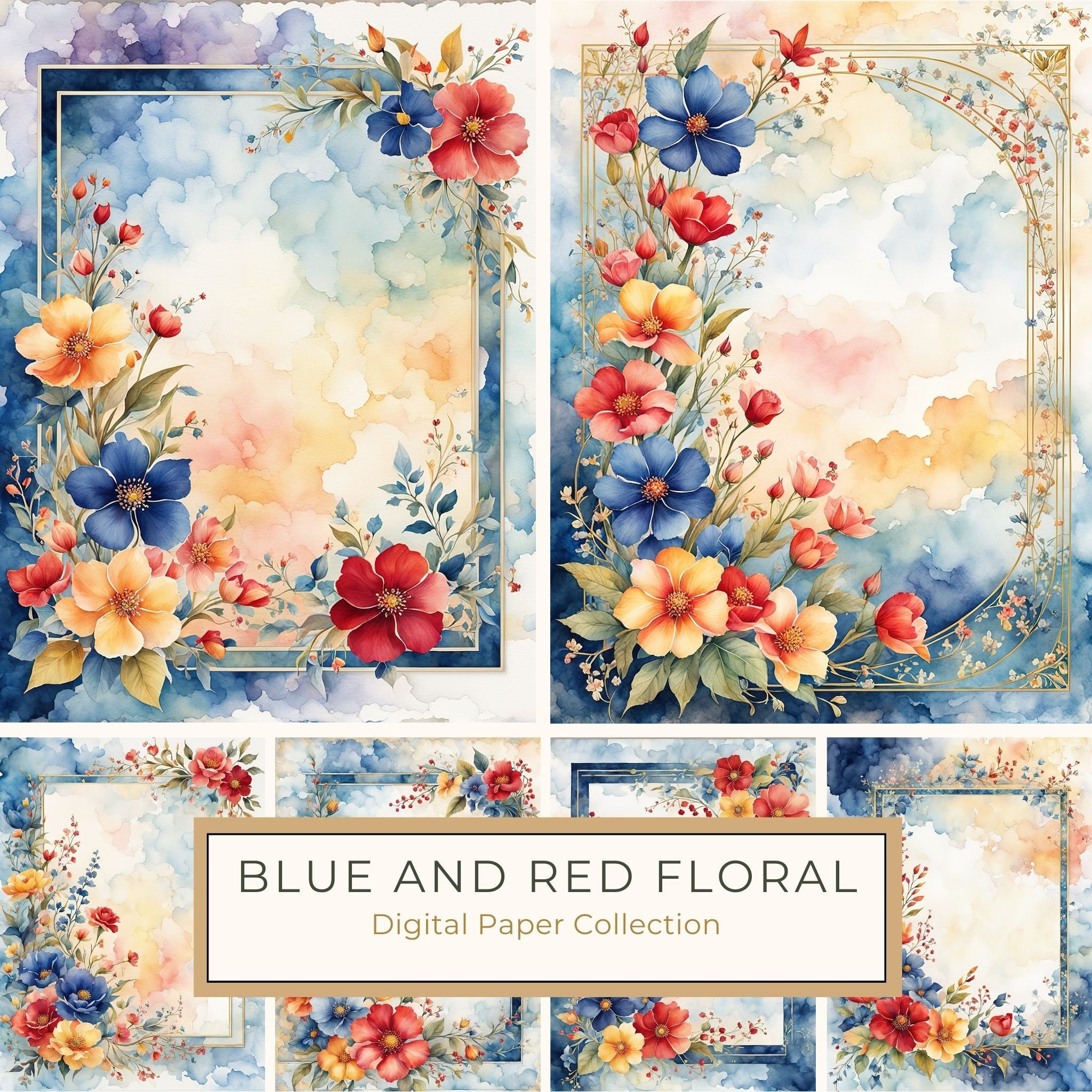 Watercolor Floral Frame: Red Flowers, Blue Accents Background (10 JPGs, Digital Download, Commercial Use)