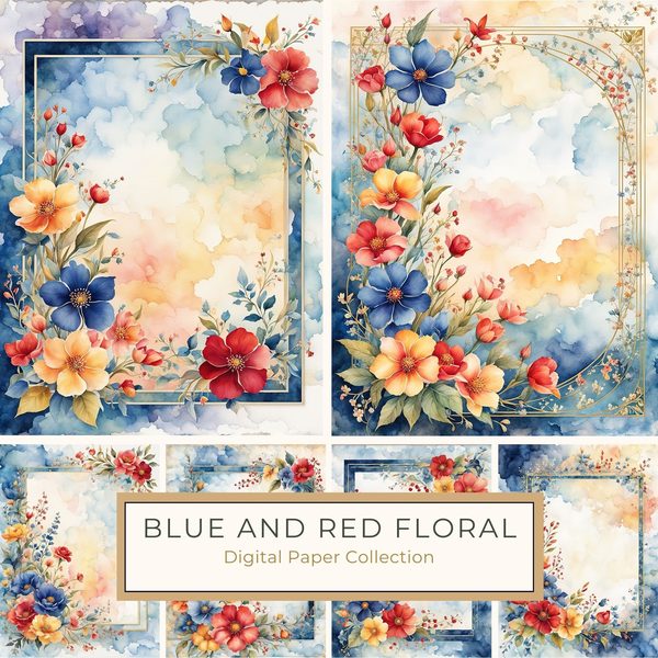 Watercolor Floral Frame: Red Flowers, Blue Accents Background (10 JPGs, Digital Download, Commercial Use)