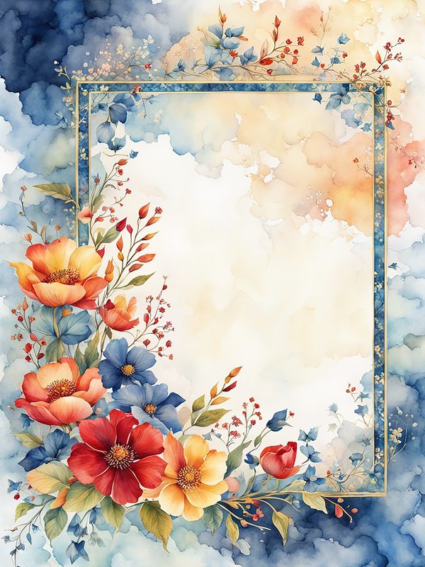 Watercolor Floral Frame: Red Flowers, Blue Accents Background (10 JPGs, Digital Download, Commercial Use) — image 1