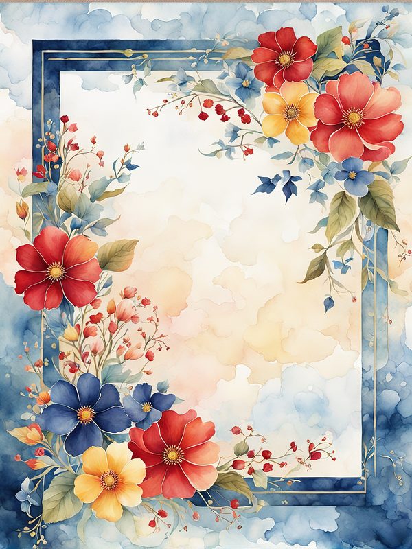 Watercolor Floral Frame: Red Flowers, Blue Accents Background (10 JPGs, Digital Download, Commercial Use) — image 2