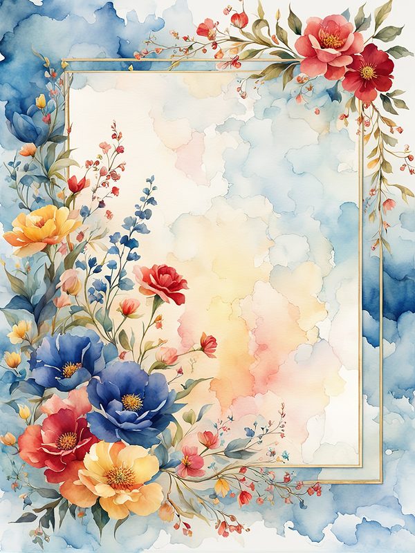 Watercolor Floral Frame: Red Flowers, Blue Accents Background (10 JPGs, Digital Download, Commercial Use) — image 4