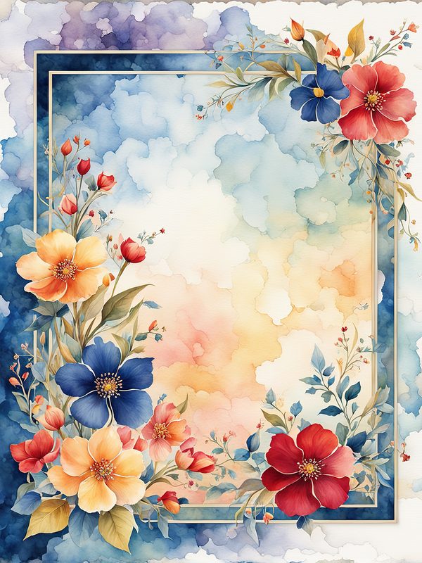 Watercolor Floral Frame: Red Flowers, Blue Accents Background (10 JPGs, Digital Download, Commercial Use) — image 5