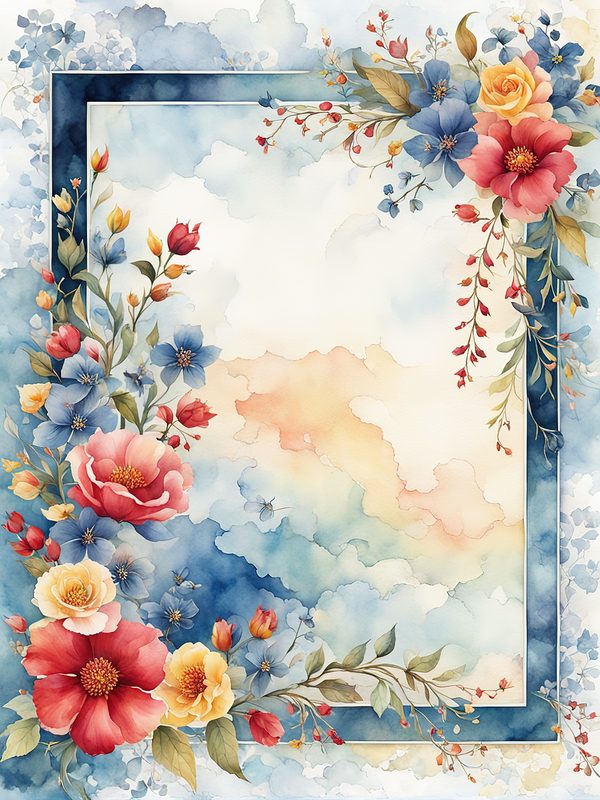 Watercolor Floral Frame: Red Flowers, Blue Accents Background (10 JPGs, Digital Download, Commercial Use) — image 7