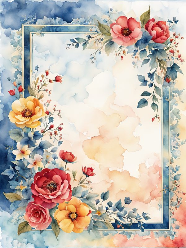 Watercolor Floral Frame: Red Flowers, Blue Accents Background (10 JPGs, Digital Download, Commercial Use) — image 8