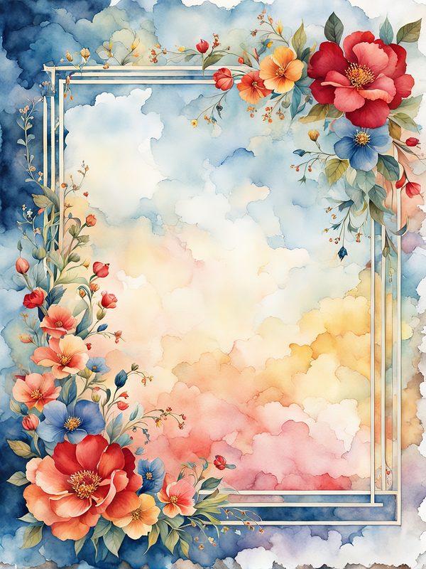 Watercolor Floral Frame: Red Flowers, Blue Accents Background (10 JPGs, Digital Download, Commercial Use) — image 11