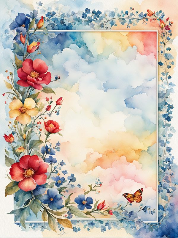 Watercolor Floral Frame: Red Flowers, Blue Accents Background (10 JPGs, Digital Download, Commercial Use) — image 12