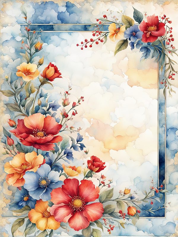 Watercolor Floral Frame: Red Flowers, Blue Accents Background (10 JPGs, Digital Download, Commercial Use) — image 15