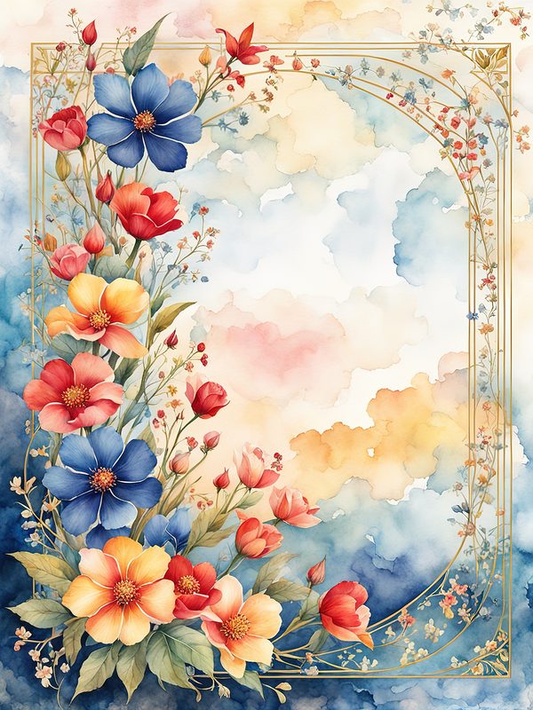 Watercolor Floral Frame: Red Flowers, Blue Accents Background (10 JPGs, Digital Download, Commercial Use) — image 18