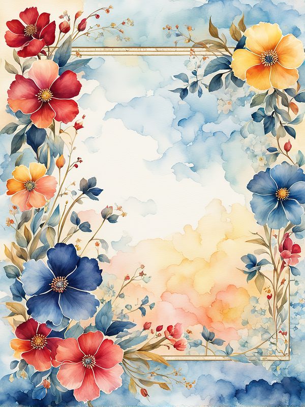 Watercolor Floral Frame: Red Flowers, Blue Accents Background (10 JPGs, Digital Download, Commercial Use) — image 21