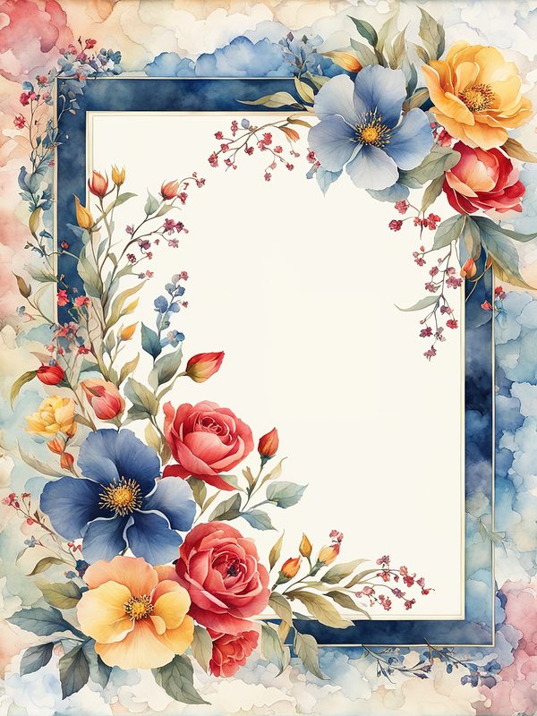 Watercolor Floral Frame: Red Flowers, Blue Accents Background (10 JPGs, Digital Download, Commercial Use) — image 22