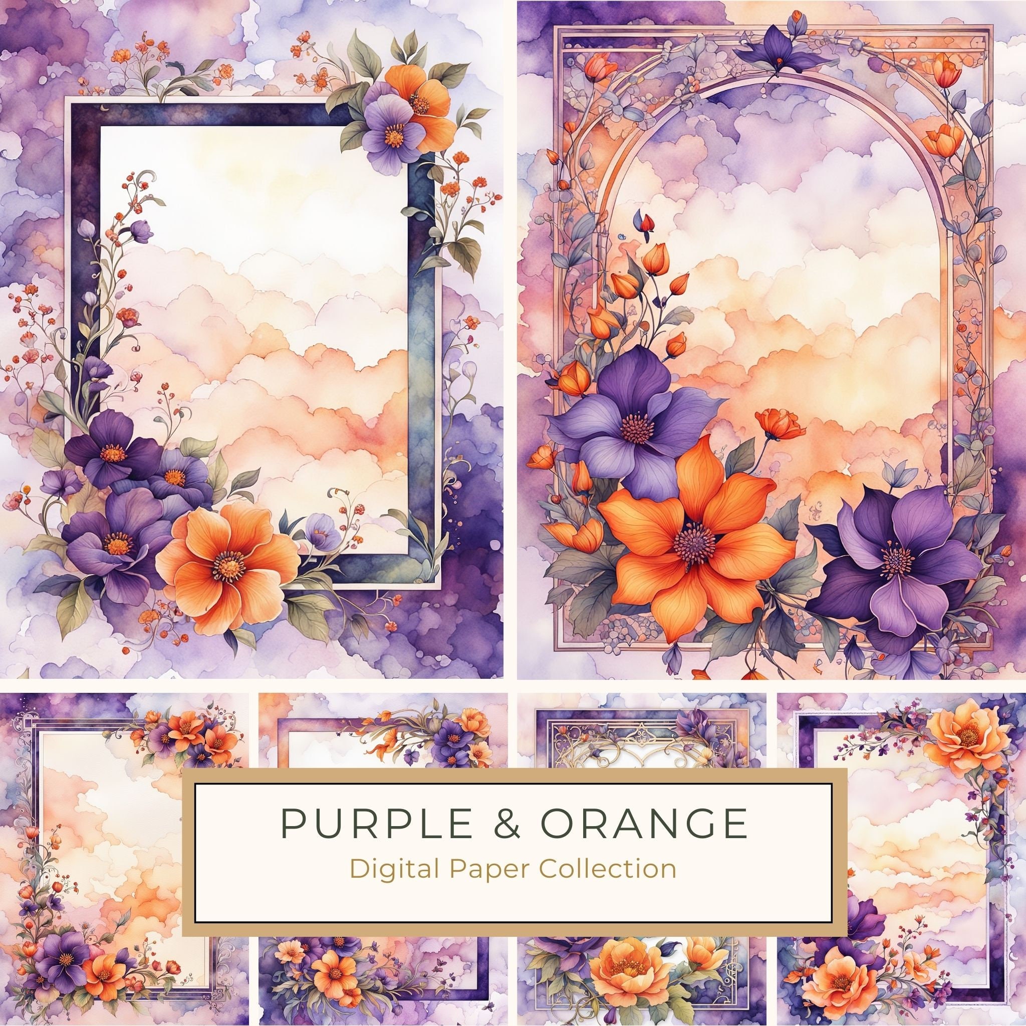 Watercolor Floral Digital Paper: Purple & Orange Flowers (10 JPGs)