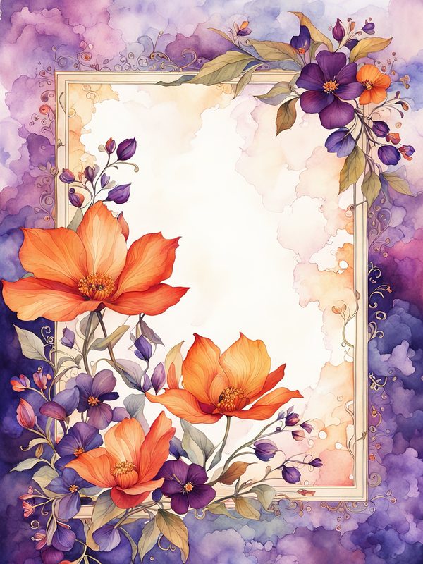 Watercolor Floral Digital Paper: Purple & Orange Flowers (10 JPGs) — image 9