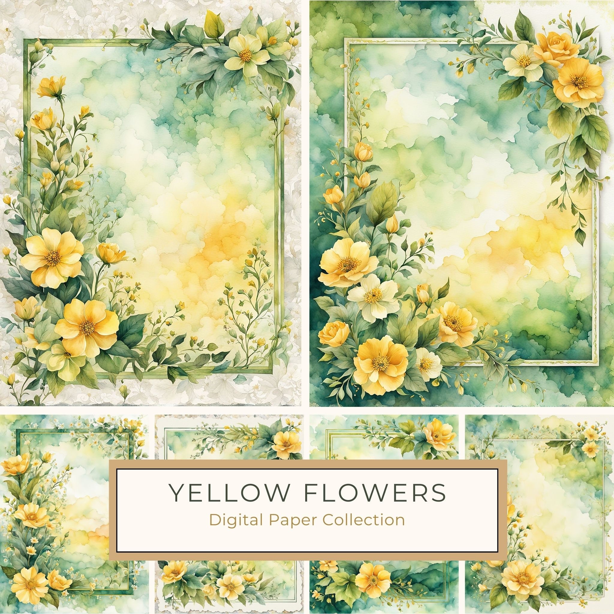 Watercolor Yellow Flowers Digital Paper: Green Frame Botanical Print (10 JPGs)