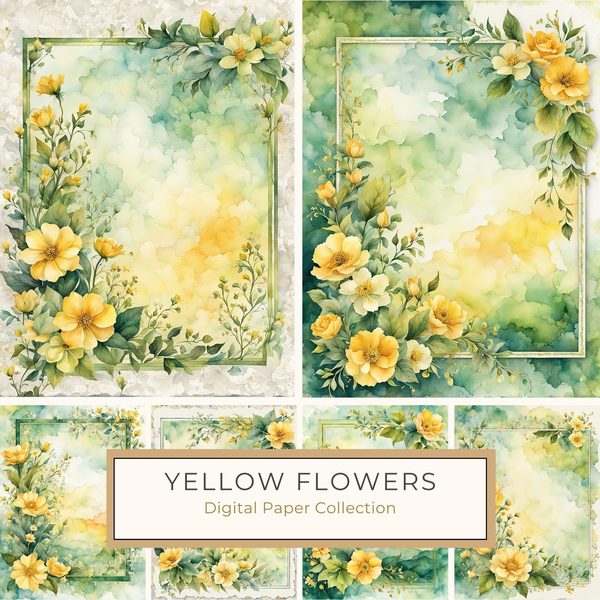Watercolor Yellow Flowers Digital Paper: Green Frame Botanical Print (10 JPGs)