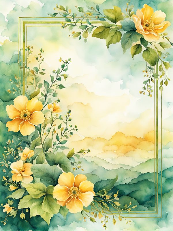 Watercolor Yellow Flowers Digital Paper: Green Frame Botanical Print (10 JPGs) — image 1