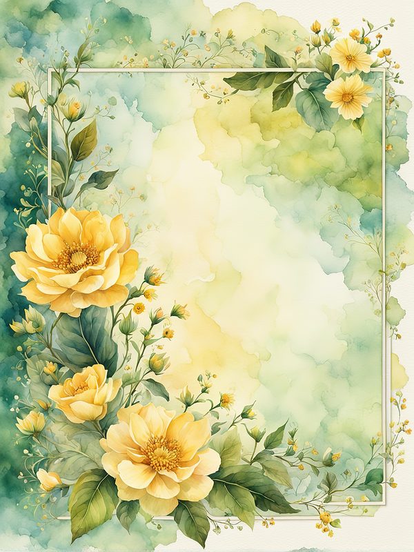 Watercolor Yellow Flowers Digital Paper: Green Frame Botanical Print (10 JPGs) — image 2