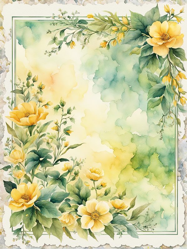 Watercolor Yellow Flowers Digital Paper: Green Frame Botanical Print (10 JPGs) — image 3