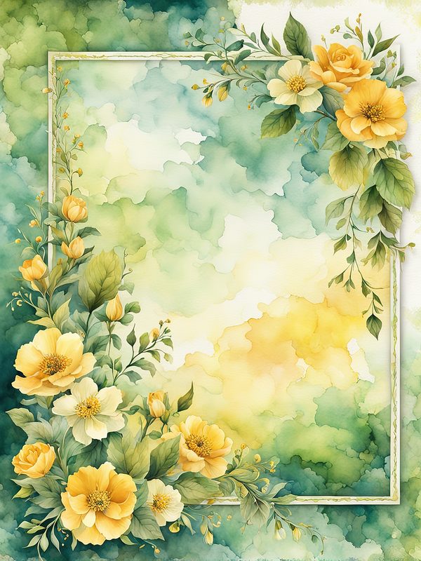 Watercolor Yellow Flowers Digital Paper: Green Frame Botanical Print (10 JPGs) — image 4