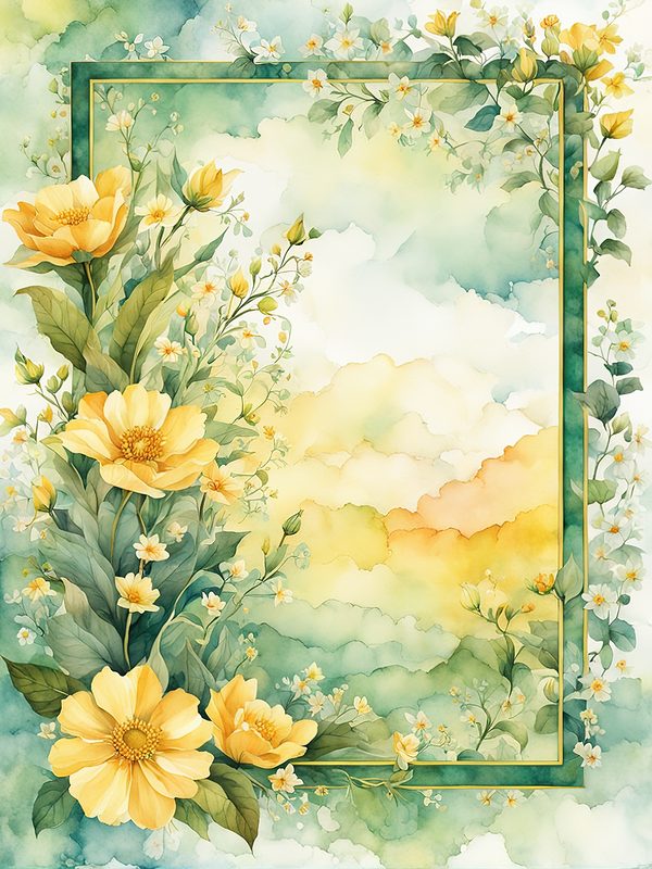 Watercolor Yellow Flowers Digital Paper: Green Frame Botanical Print (10 JPGs) — image 5
