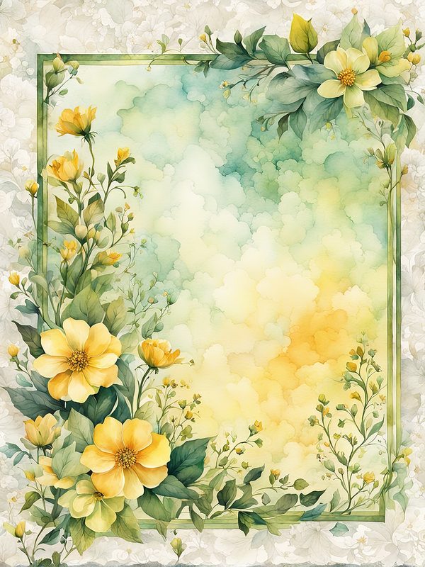 Watercolor Yellow Flowers Digital Paper: Green Frame Botanical Print (10 JPGs) — image 6