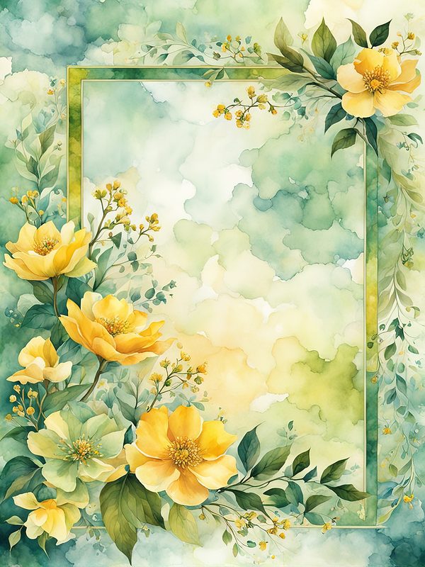 Watercolor Yellow Flowers Digital Paper: Green Frame Botanical Print (10 JPGs) — image 7