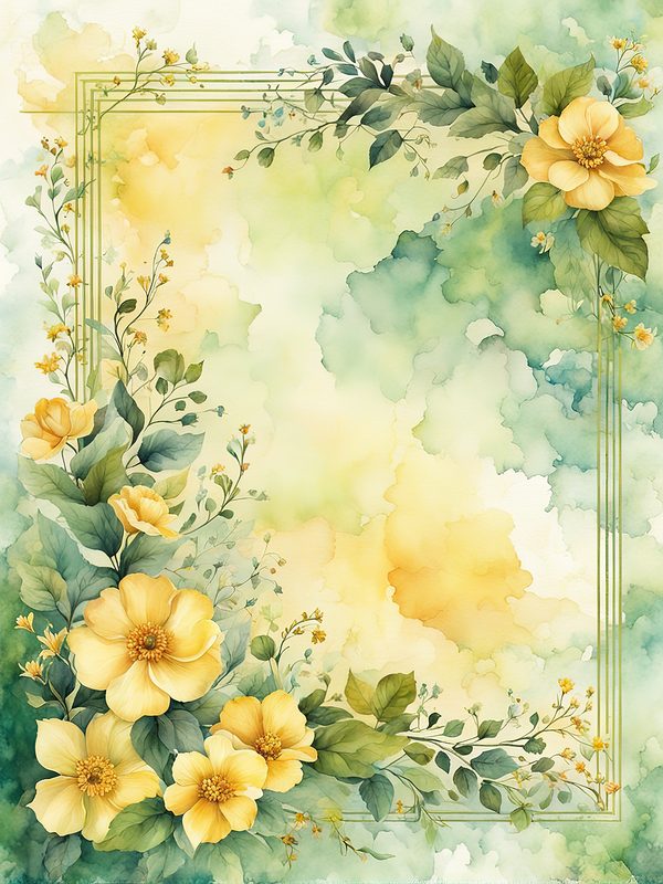Watercolor Yellow Flowers Digital Paper: Green Frame Botanical Print (10 JPGs) — image 8