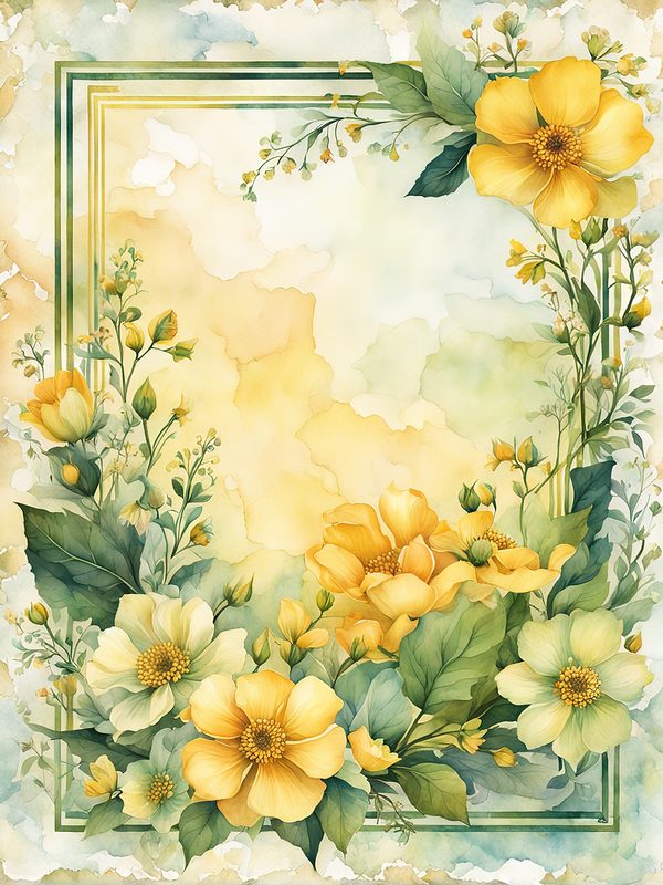 Watercolor Yellow Flowers Digital Paper: Green Frame Botanical Print (10 JPGs) — image 9