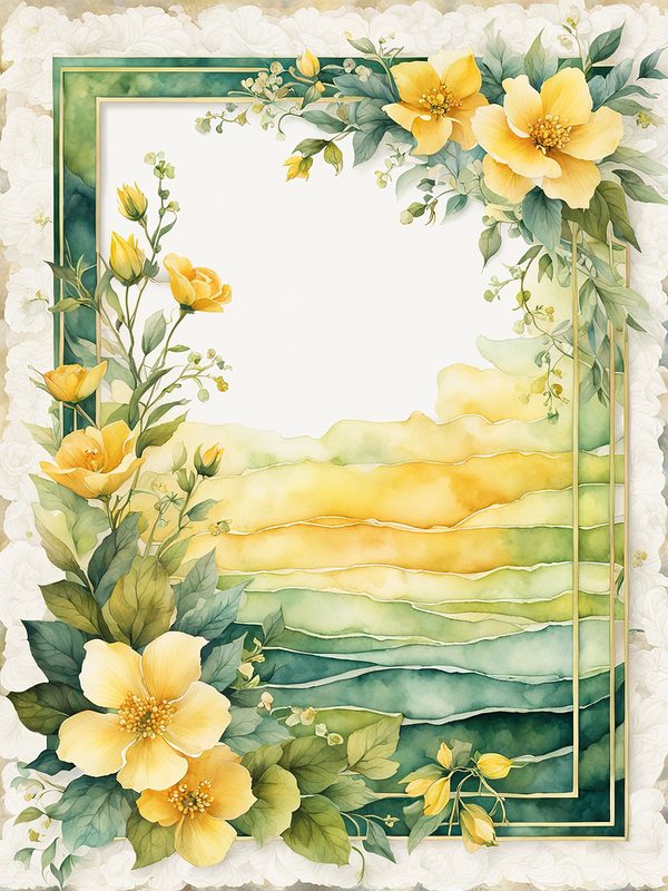 Watercolor Yellow Flowers Digital Paper: Green Frame Botanical Print (10 JPGs) — image 10