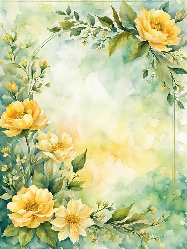 Watercolor Yellow Flowers Digital Paper: Green Frame Botanical Print (10 JPGs) — image 11