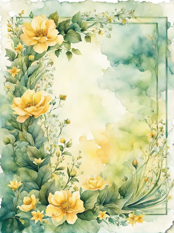 Watercolor Yellow Flowers Digital Paper: Green Frame Botanical Print (10 JPGs) — image 12
