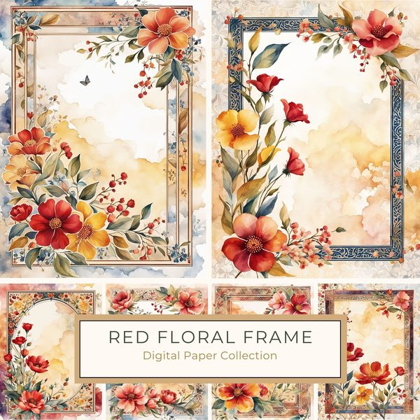 Watercolor Floral Border Digital Paper: Red & Orange Botanical Frames (10 JPGs)